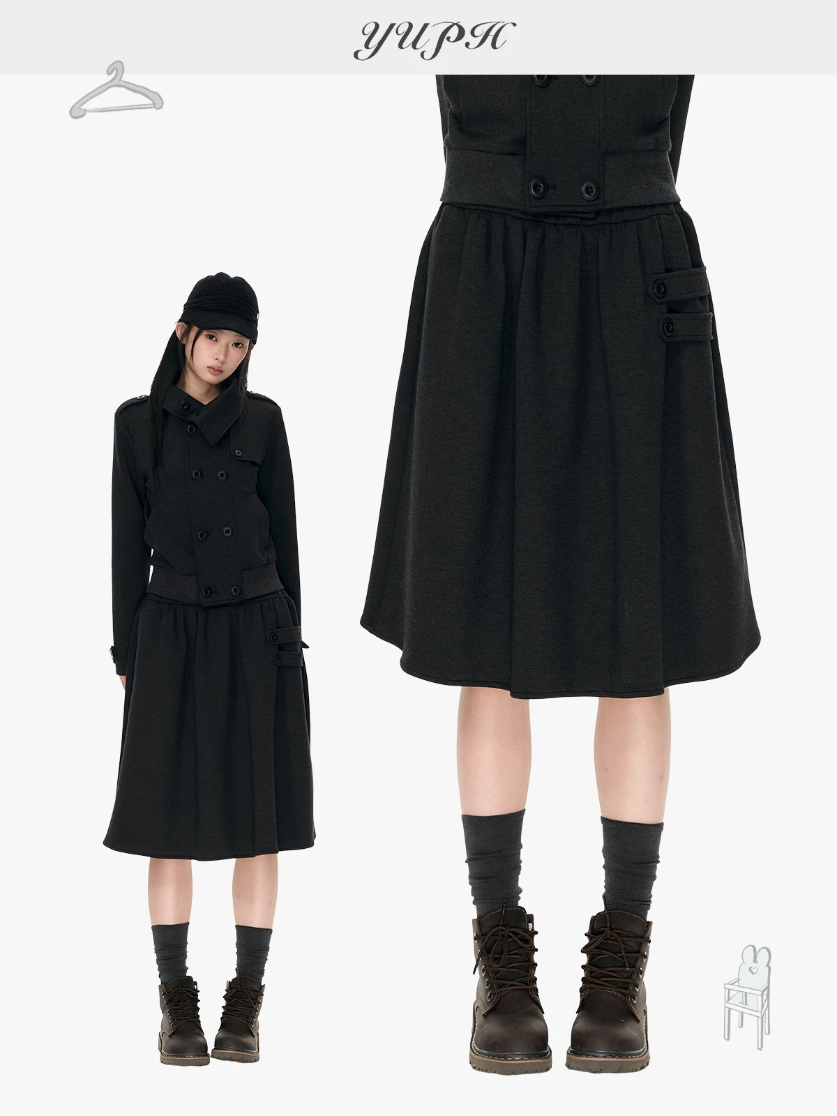 YUPH Vintage Double Buckle Wide Swing Pleated Loose Slimming A-Line Half-length Skirt for Women Casual Versatile Design