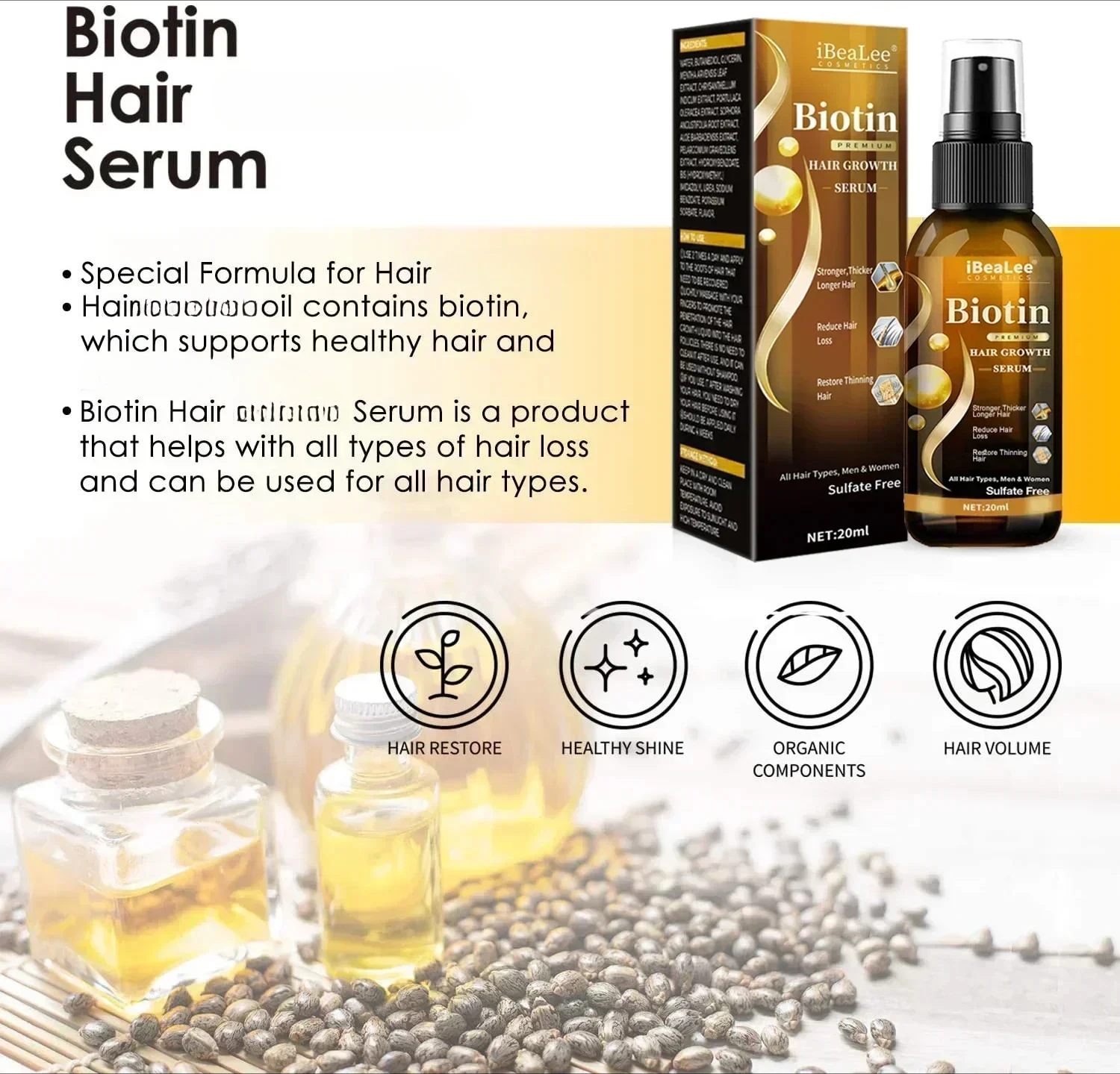 Biotin Serum Anti rambut, semprotan rambut cepat Serum mencegah kebotakan untuk kulit kepala, jenggot, produk perawatan kecantikan rambut