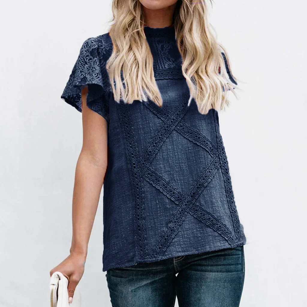 2025 Womens Summer New Arrival Lace Style T-Shirt Summer Short Sleeve Geometric Splicing Lace Top Ladies Clothes Fashion T-shirt