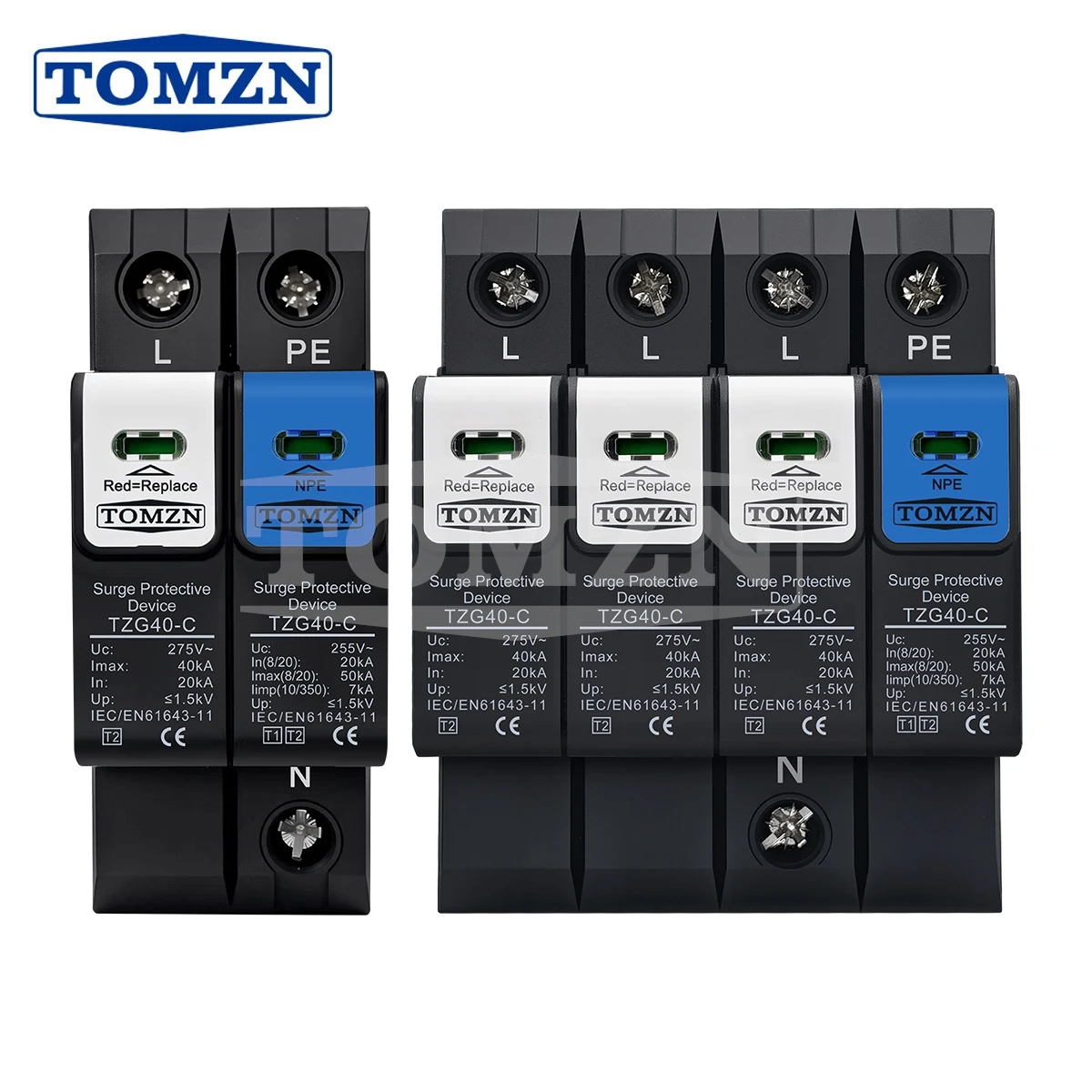 Protetor contra Surtos TOMZN N-PE SPD 1P+NPE e 3P+NPE, Tubo de Descarga 20-50kA, 230V/380V AC, Carcaça Retardante de Chamas T1+T2 Plugável