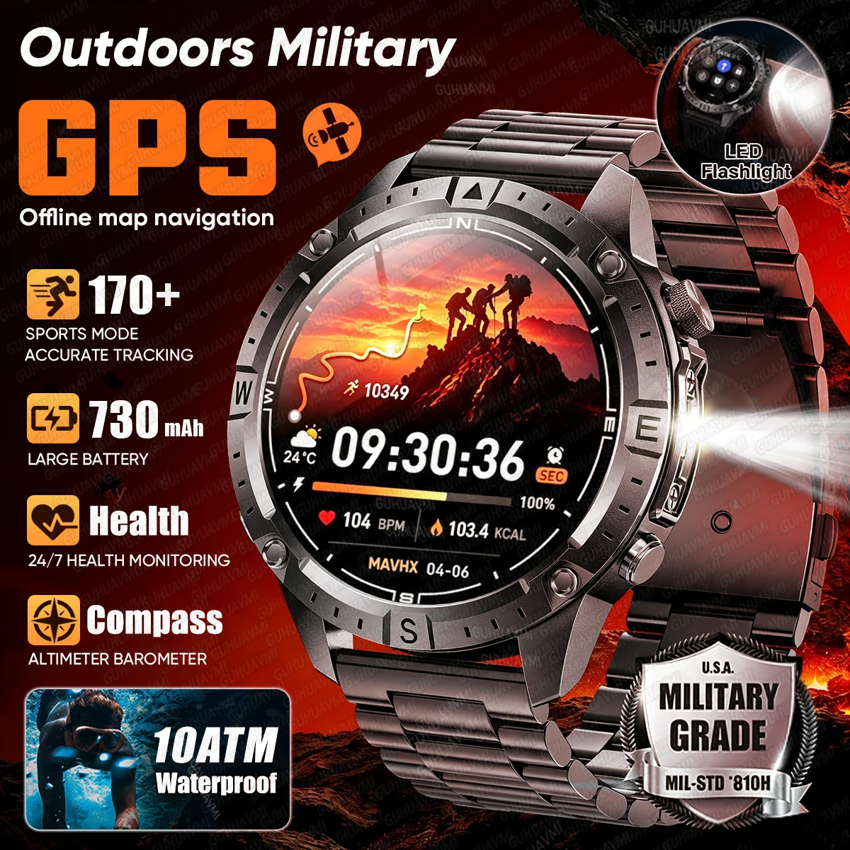 New Outdoor Military GPS Smart Watch Built in GPS Offline Map Compass Flashlight 10ATM Waterproof Call Sports Smartwatch For Men