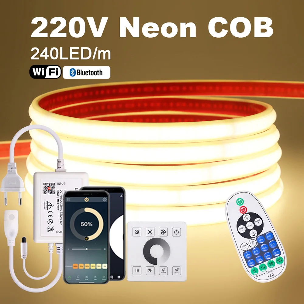 Wall Touch Wifi Bluetooth COB LED Neon Strip 23key Remote Control Rope Lights Tape 220V Dimmer Power Kit 240LED/m with IC