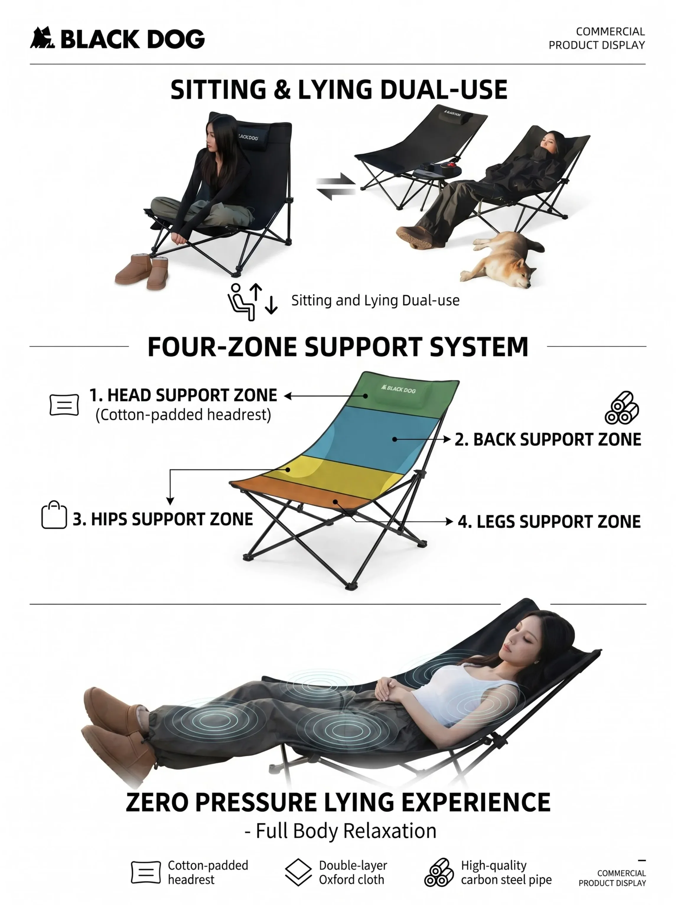 Blackdog Campingstuhl mit Kissen, Liegestuhl für Büro, Nickerchen, Zuhause, Outdoor, Klappbarer Stuhl für Strand, Angeln, Reisen – Detail 5