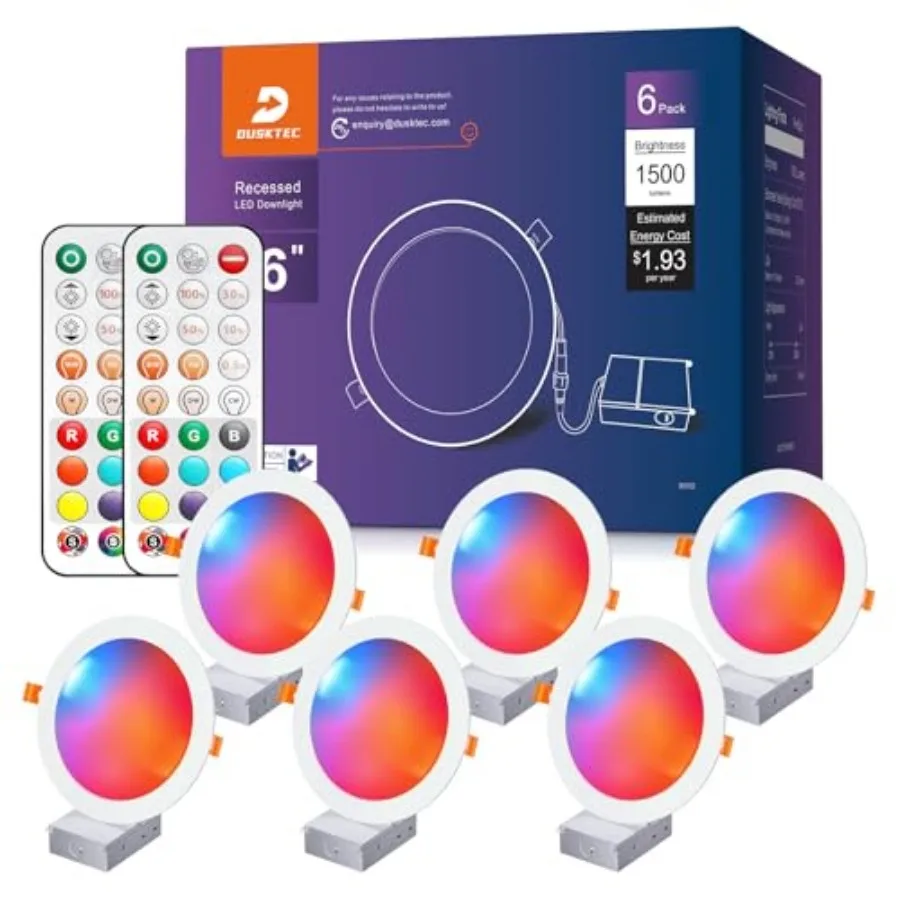 

6 Inch Canless Recessed Ceiling Lighting Color Changing Dimmable with Remote Control 16W 1500 Lumen 6 Pack RGB LED Wafer Downli