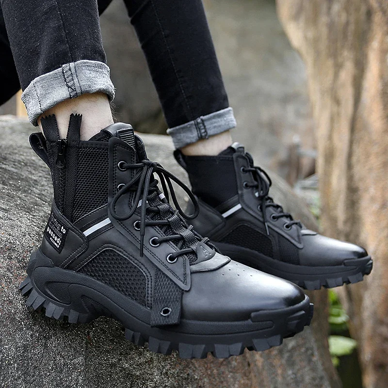 حذاء رجالي عالي الجودة في الهواء الطلق حذاء من الجلد جلد تنفس الدانتيل يصل أحذية عمل نعل سميك عدم الانزلاق مقاومة للاهتراء أحذية التنزه