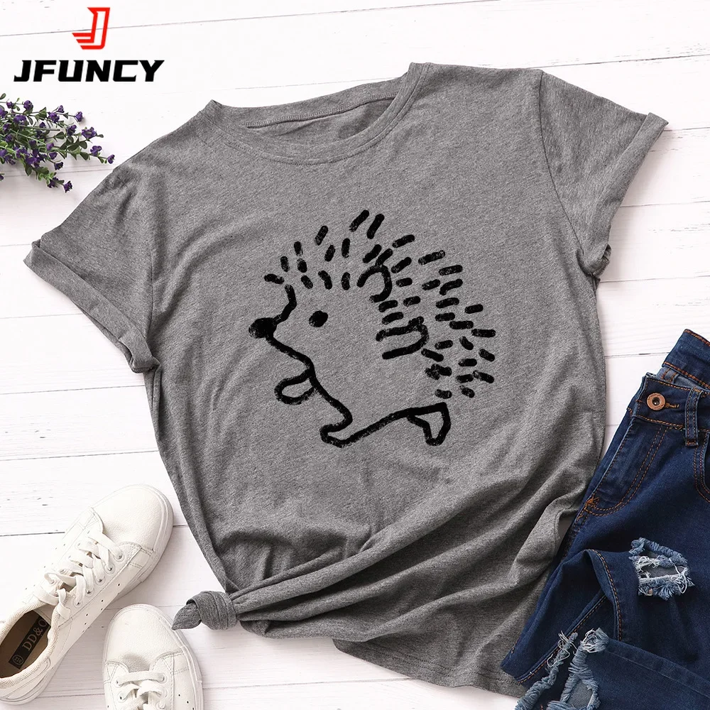 JFUNCY kobiety bawełniane koszulki śliczne jeż drukowane graficzne koszulki kobieta koszulki z krótkim rękawem Top odzież damska damska Tshirt