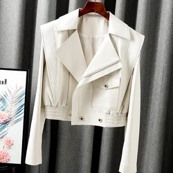 Veste en cuir véritable pour femme, manteau européen, fermeture éclair, grand revers, court, locotive, blanc, nouveau, 2023