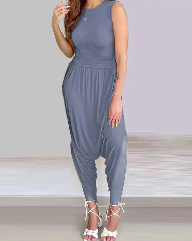 Dames Geplooide Harem Jumpsuit 2024 Lente Zomer Laatste Casual Effen Eenvoudige, Chique O-hals Mouwloze Ruches Dagelijkse Forensenromper