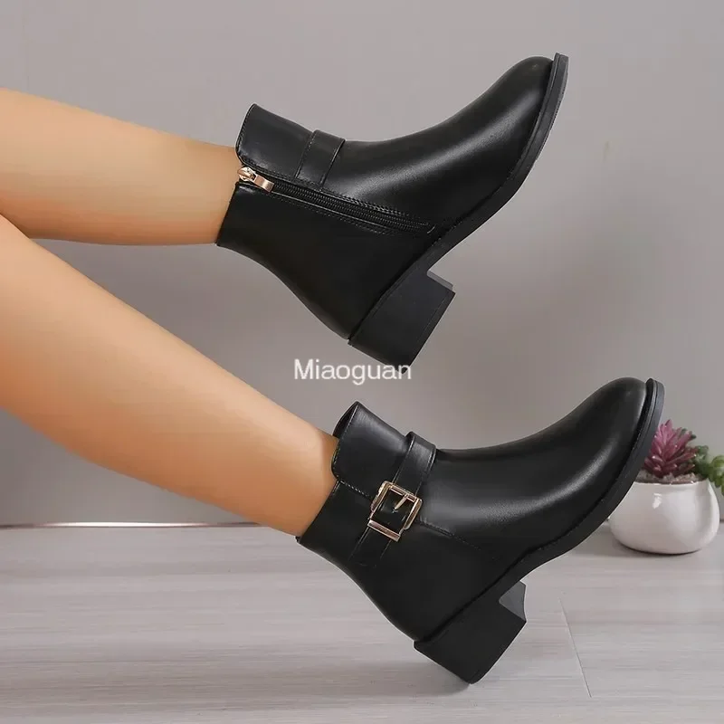 Short Belt Buckle Side Zipper 2025 New Thick Heeled with Plush Thickened Women's Boots British Style Fashion Boots Casual Shoes image 3