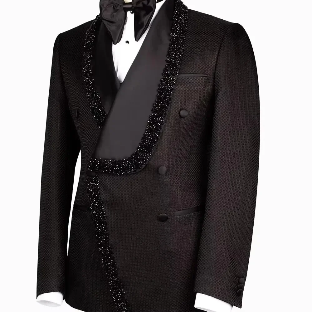 Black Suits Men For Wedding Crysal Beaded Jacket Pants 2 Pieces Groom Tuxedo Formal Business Banquet