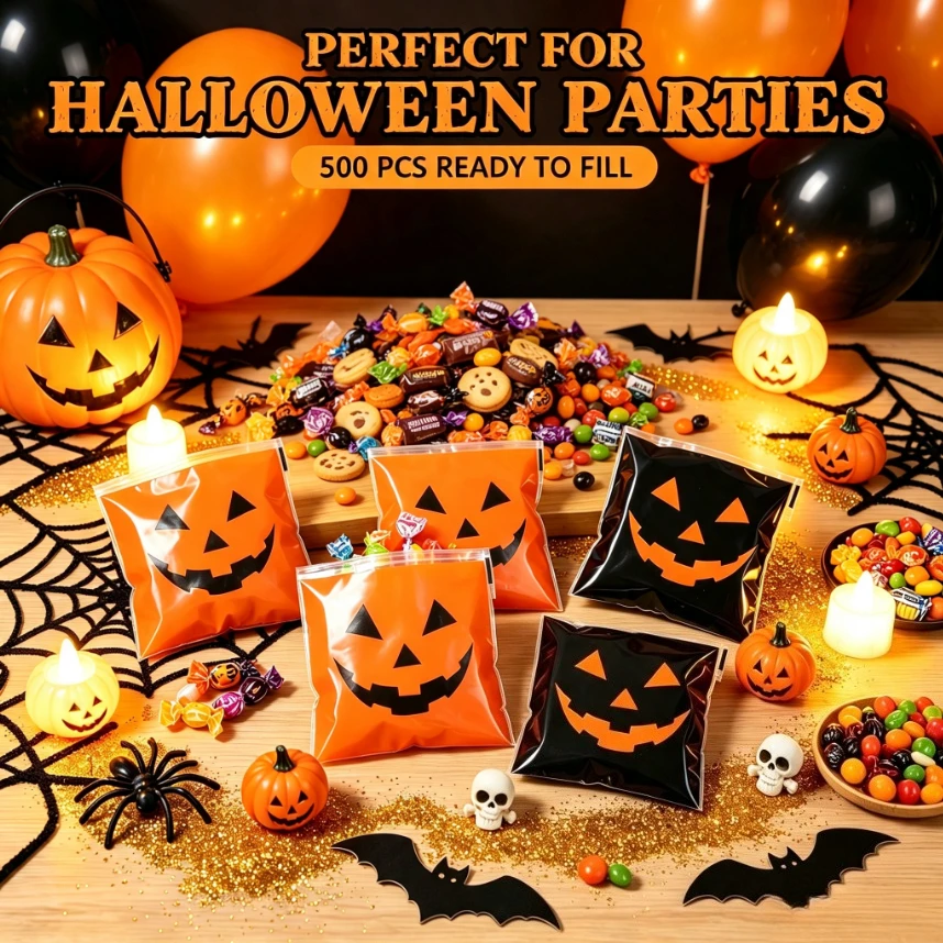 500 Stück Deluxe Halloween-Ziplock-Beutel in Schwarz und Orange mit bösen Kürbismotiven, Aufbewahrungsbeutel für Süßigkeiten und Backwaren, Feiertagsdekoration und Geschenke – Detail 6