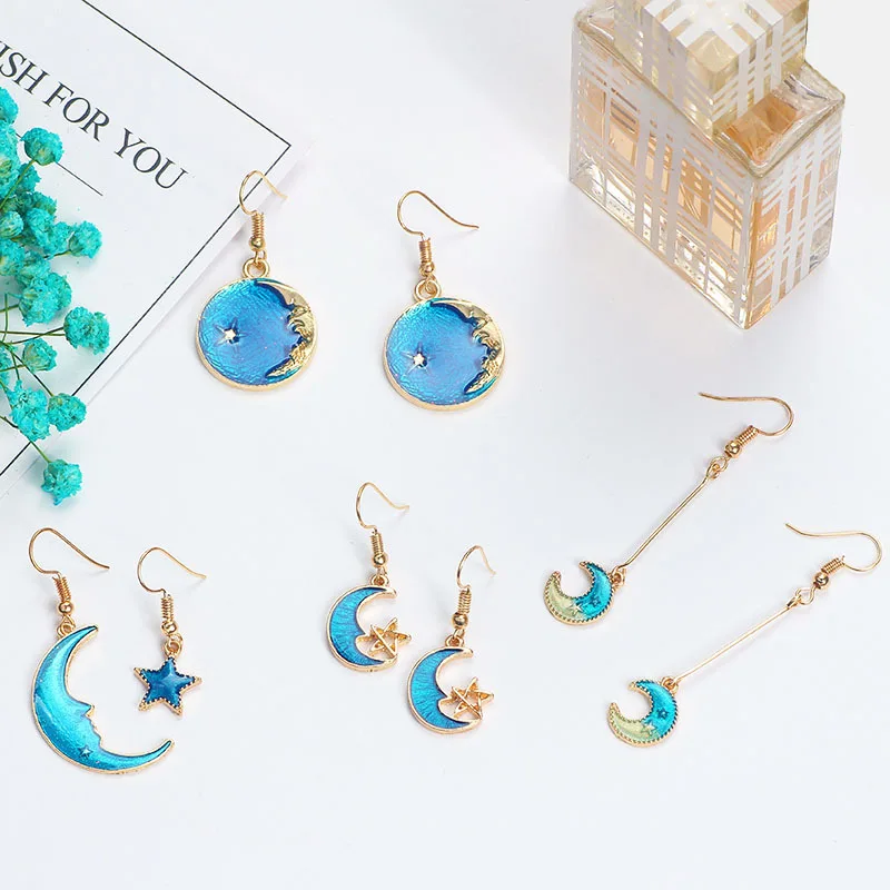 

Fashion Simple Blue Star Moon Asymmetric Drop Earring For Women Creative Piercing Ear Punk Planet Long Tassel Earrings Jewelry