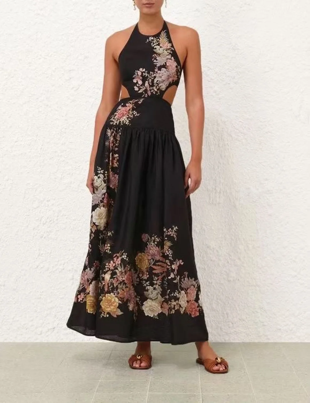

2025 New Holiday Design Cut Out Re-tro Floral Print Pure Linen High Quality Halter Pleats Women Maxi Black Dress
