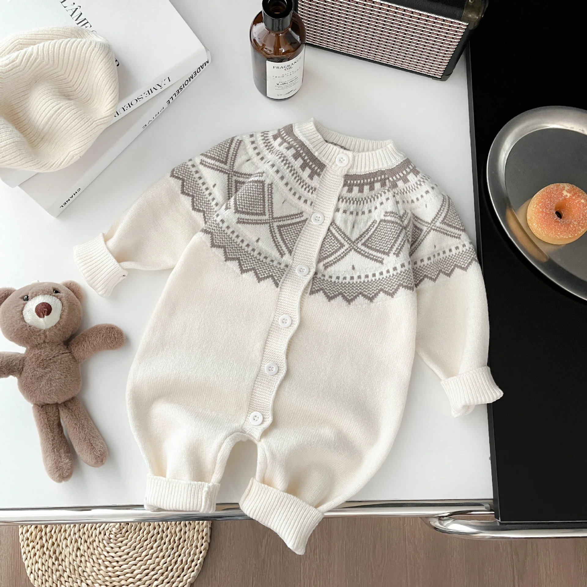 2024 Autumn New Baby Long Sleeve Romper Newborn Toddler Rhombus Knitted Jumpsuit Cotton Infant Boy Girl Casual Onesie 6M-3T