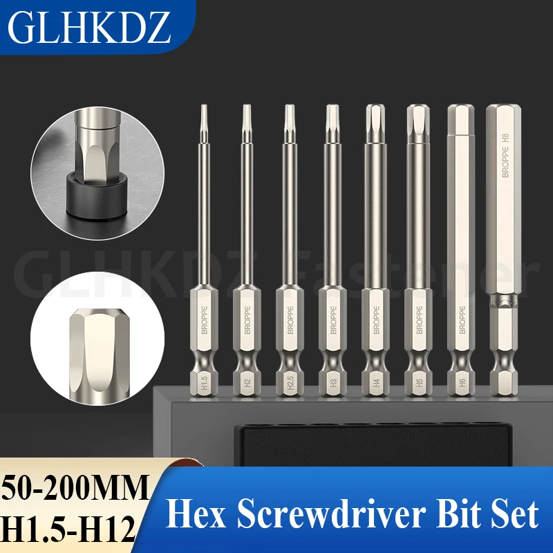 

50/75/100/150/200mm Hex Screwdriver Bit Set Magnetic Allen Bits Electric Screwdriver Bit 1/4" Hex Shank Driver Bits H1.5-H12