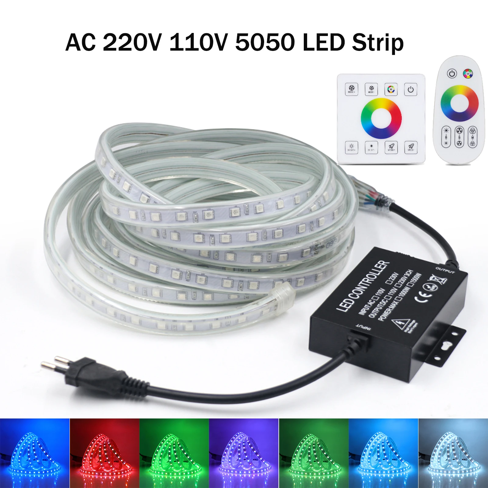 

RGB LED Strip Light 110V 220V 5050 60LEDs/m Waterproof Flexible LED Tape with Remote Control White Warm White with Plug Decor