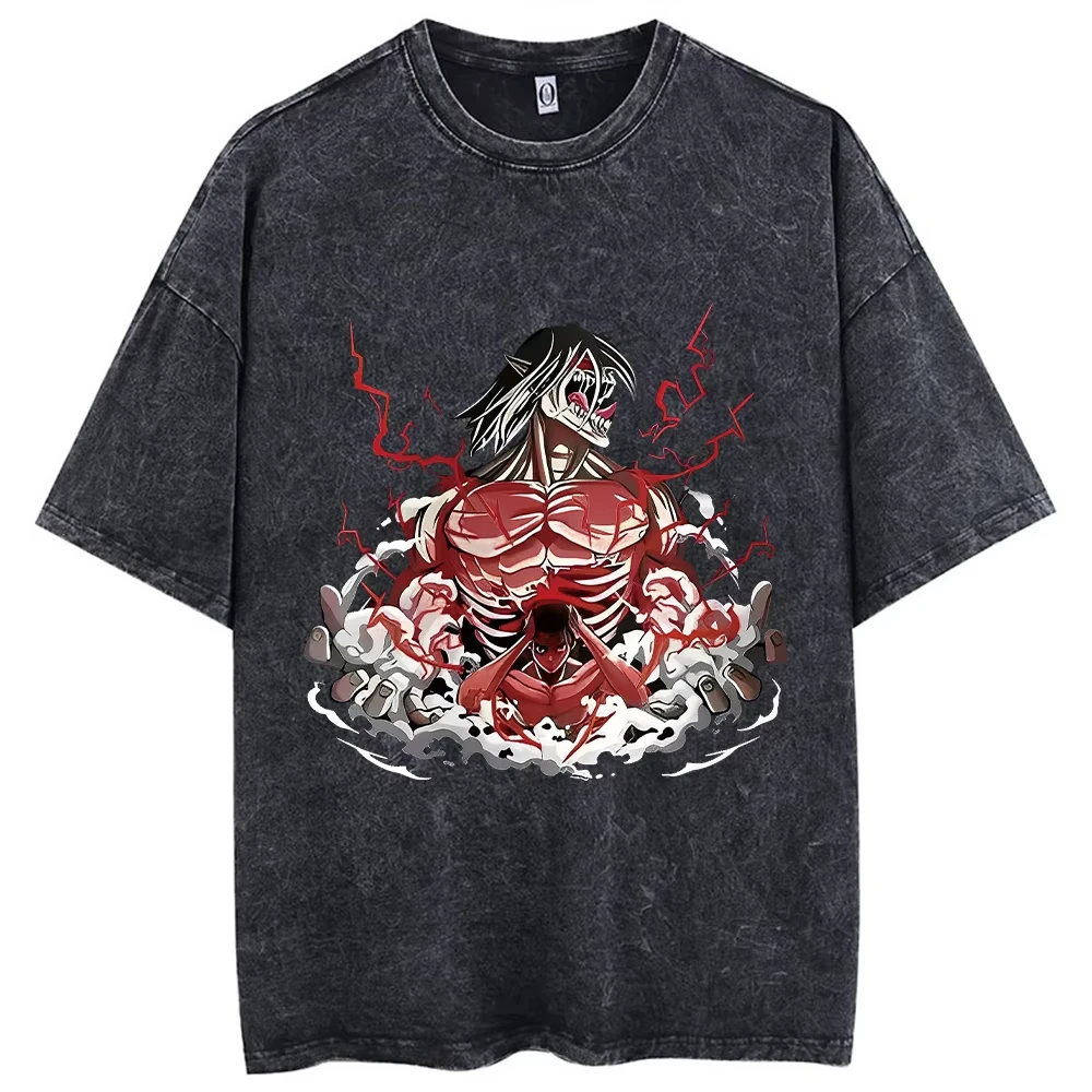 Été hommes hauts Hip Hop Anime attaque sur Titan T-Shirt surdimensionné Streetwear Vintage imprimé lavé à manches courtes T-Shirt