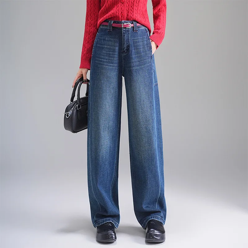 Celana Denim Scythe Wide-Leg untuk Wanita, Celana Banana Lurus Ketat Model High-Waisted Longgar untuk Musim Semi dan Gugur Terbaru