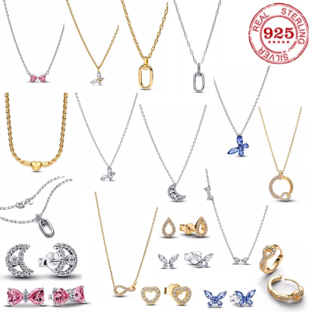 S925 Стерлингового Серебра Бабочка Серия Сердце Луна Розовый Вязаные Очаровательные Серьги Ожерелье Для Женщин День Рождения Ювелирные Изделия Подарок