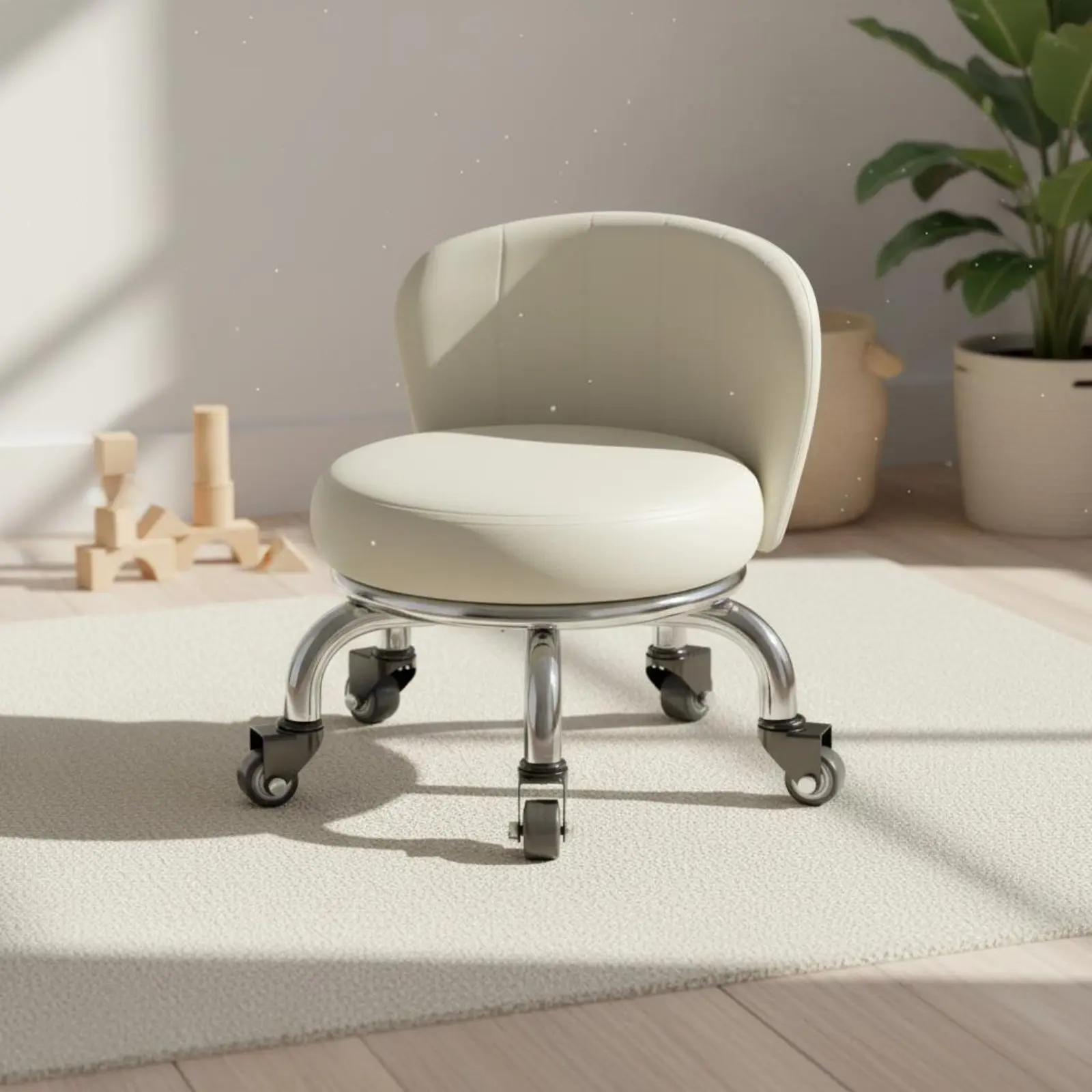 低背ローリングスツール、取り付け簡単、丸型キャスター付きスツール、小型装飾椅子、車輪付き、モダンデザイン、耐荷重250ポンド