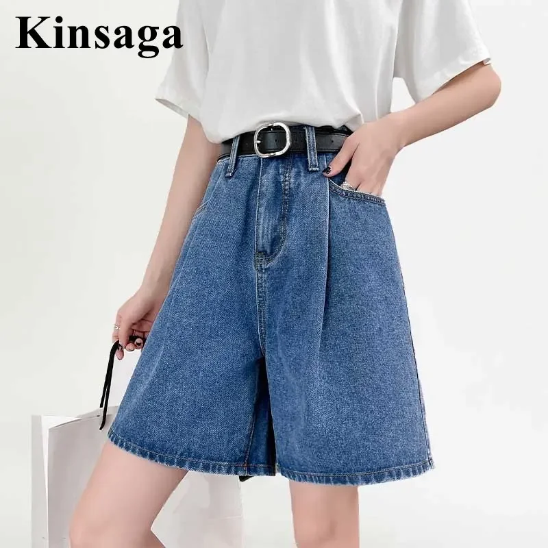 Women Street Ruched Pockets Loose Wide Leg Short Jeans 4XL Summer Baggy Y2K Kawaii High Waisted Denim Shorts Jean Bermudas Pants