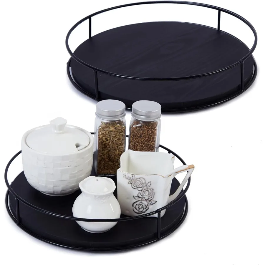 

[ 2 Pack ] 9 10 Black Wood Lazy Susan Organizers with Steel Sides Lazy Susan Turntable for Cabinet Kitchen Turntable Storage fo