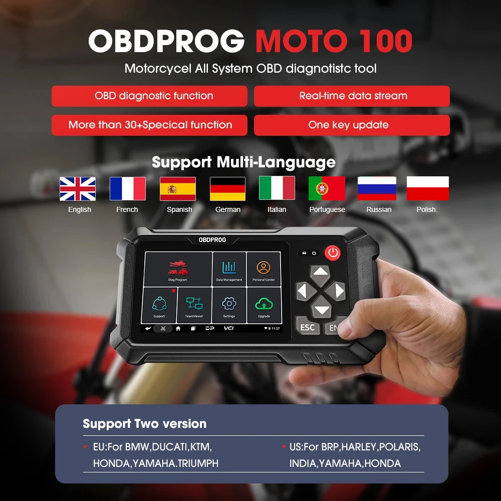 OBDPROG MOTO 100 ATV UTV Motorcycle Scanner OBD2 Diagnostic Tool All System ECU Coding for HONDA for BRP for POLARIS