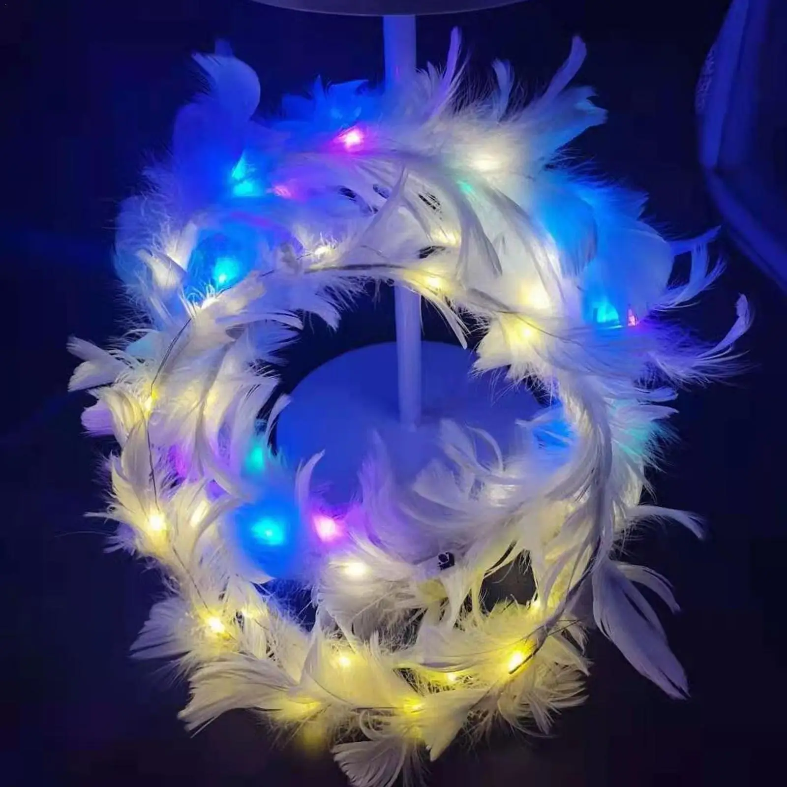 LED Feather Wreath Crown Headband Neon Angel Halo Headband Luminous Headdress For Women Girls Wedding Christmas Glow Party