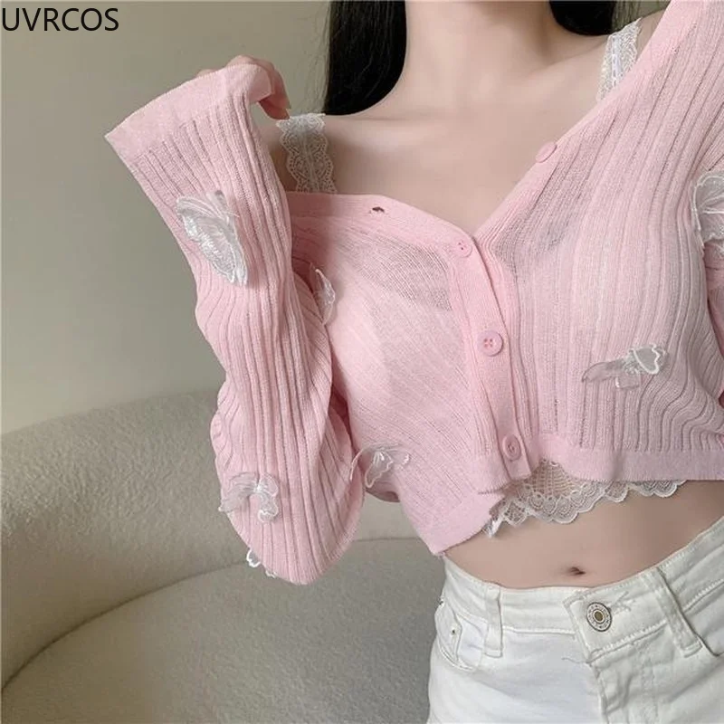 Autumn 2022 Cute Butterfly Knitted Cardigan Women Korean Sexy V-Neck Short Sweater Jacket Summer Long-sleeved Sunscreen Crop Top