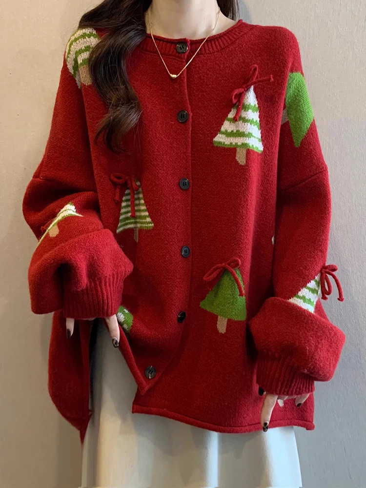 

Red Knitted Sweater Coat Women's Spring New plus Size Comfortable Atmosphere Medium Length Knitted Open Cardigan Christmas Tree