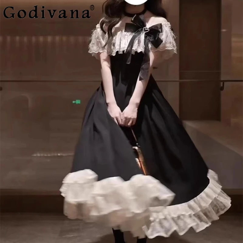 

Women's Lolita Style Sweet Dress Summer New Elegant Off Shoulder Dress Female Waist Cinching High End Lolita Unique Dress