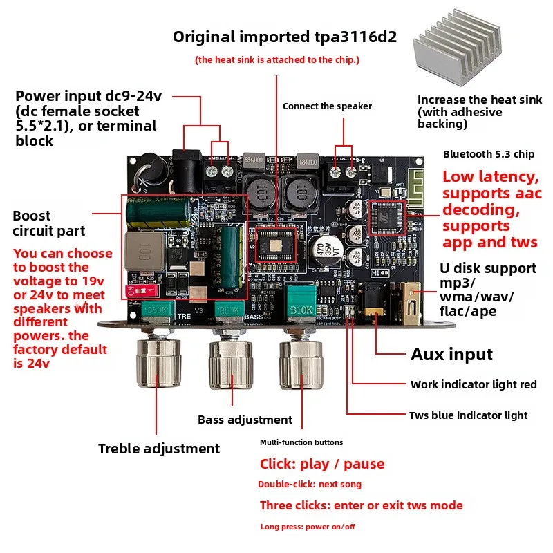 100W Mono Bluetooth Amplifier Board with Boost High and Low Tone TWS Outdoor DIY Speaker 1001UTPA3116