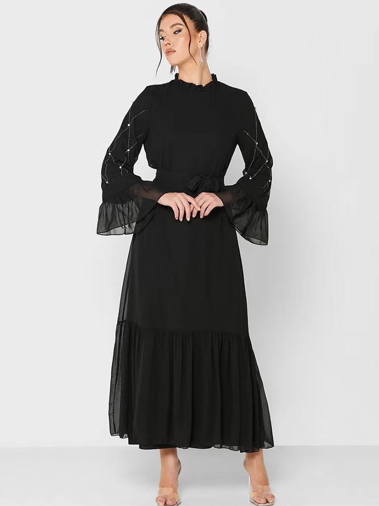 Eid Ramadan Black Jalabiya Dress for Muslim Abaya Women Flare Sleeve Diamond Dresses Party Belt Vestidos Dubai Robe Jalabiya