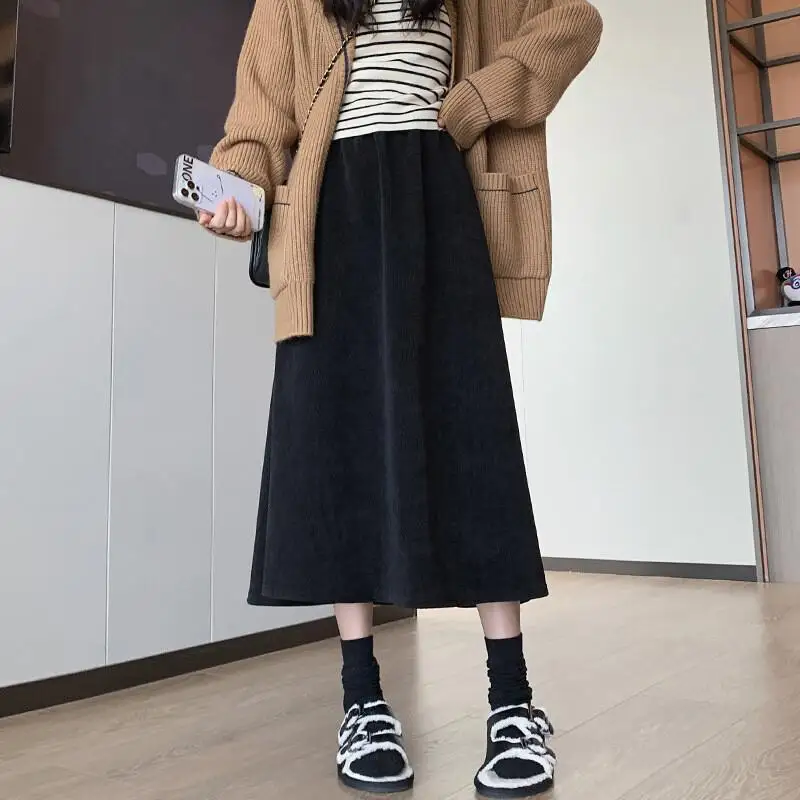 Spódnica w kształcie litery A, bawełniana, z aksamitu, ocieplana polarem, z podszewką, z wysokim stanem, minimalistyczna, z wykończeniem w kształcie litery A, damska, codzienna, zimowa, elegancka sukienka.