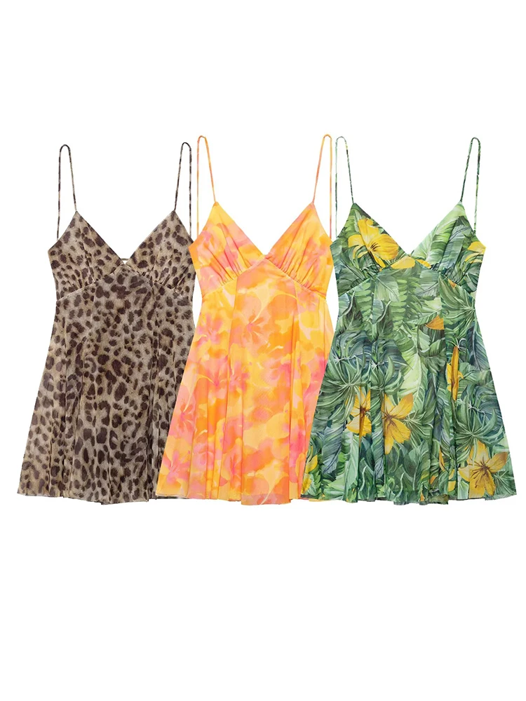 

HH Women's 2025 Summer V-neck Printed Tulle Lace-up Slim Short Dress Female Elegant Sexy Backless Fold 3-Color Mini Dress