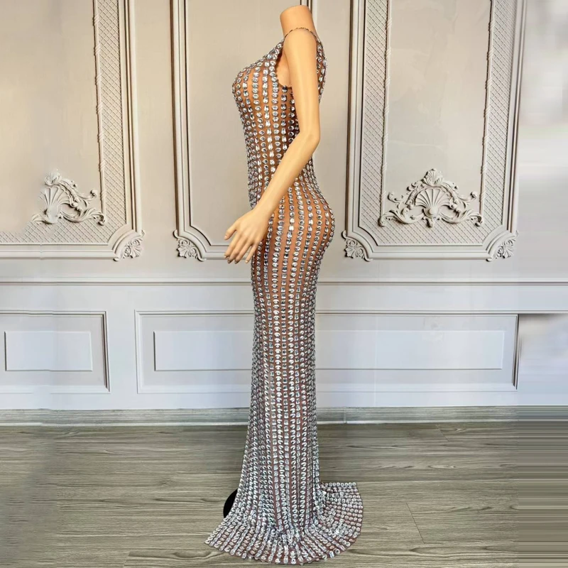 Sukienki damskie na imprezę, uroczystość, z jednym rękawem, pełne cyrkonie, stroje festiwalowe, kostium do tańca jazzowego, strój sceniczny XS9968