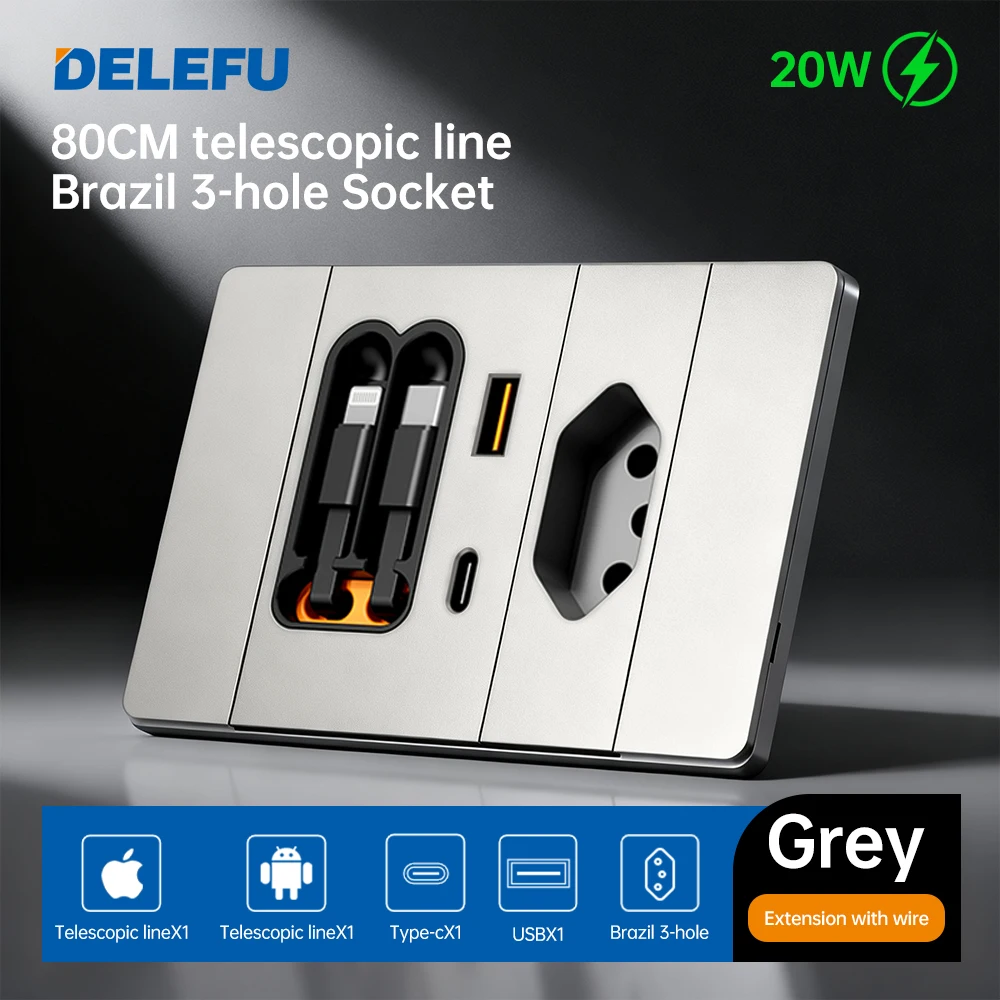 DELEFU Dual Charging Cable Brazil Italy Chile Socket Outlet Wall USB TypeC 20W Fast Ports Mobile Phone Gray Black White