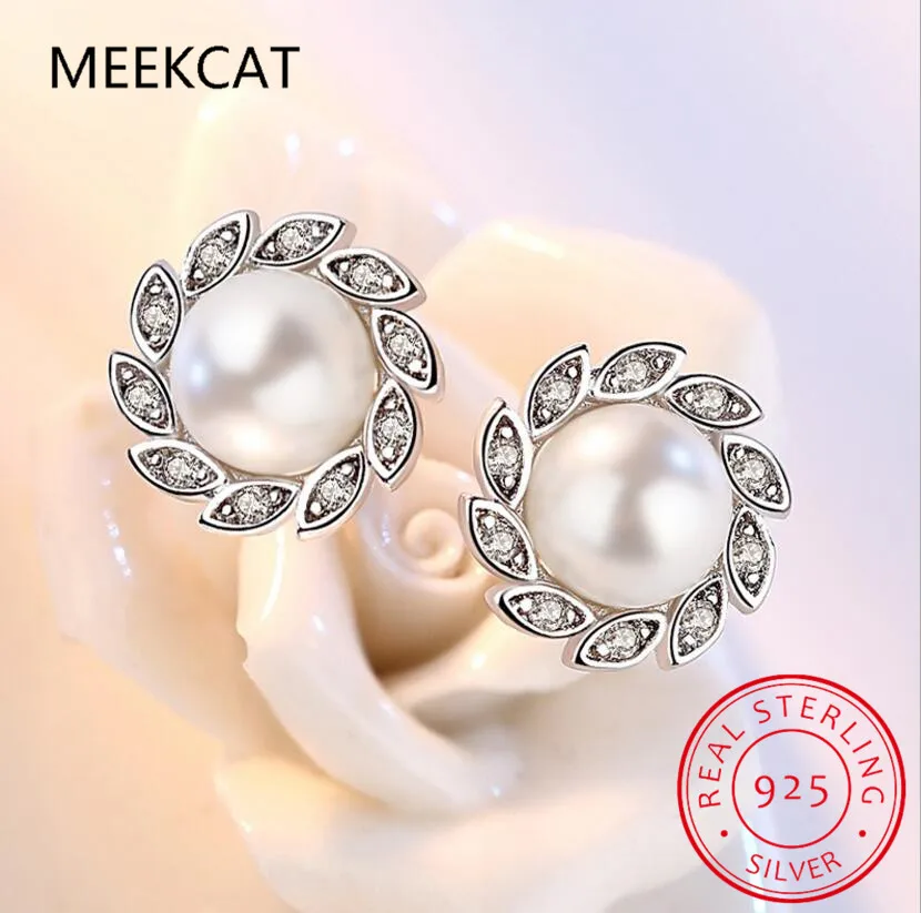 Real 925 Sterling Silver Sweet Leaves Synthesis Pearl CZ Stud Earrings For Daughter Student Birthday Jewelry DE0084