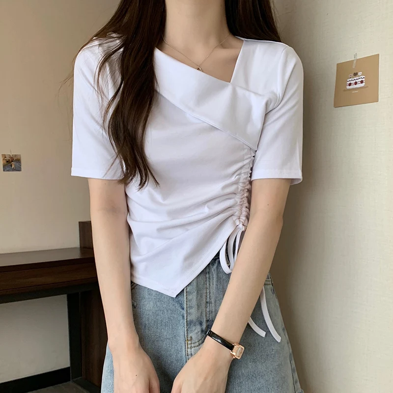 Women Drawstring Tie Up Ruched Tops Lady Daily Office Short Sleeved T-shirts Female Outside Casual Skew Collar Designer Clothes