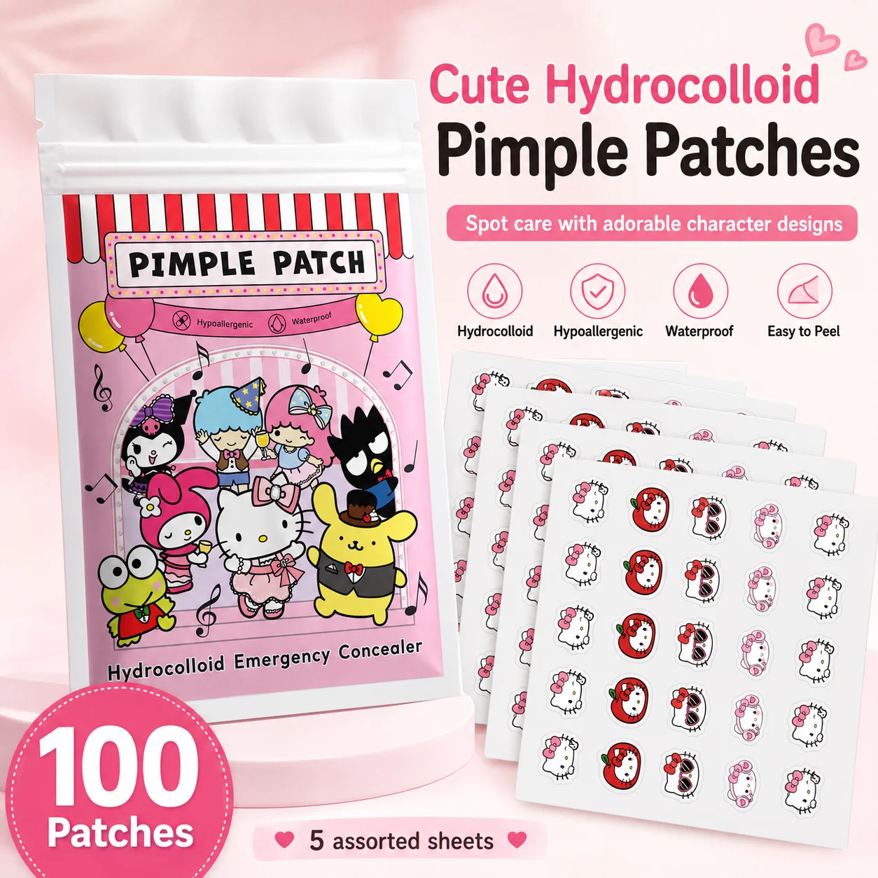 100PCS Sanrio Hello Kitty Acne Patch, Hydrocolloid Acne Patch, Makeup Blemish Pimple Patch, Waterproof and Sweatproof
