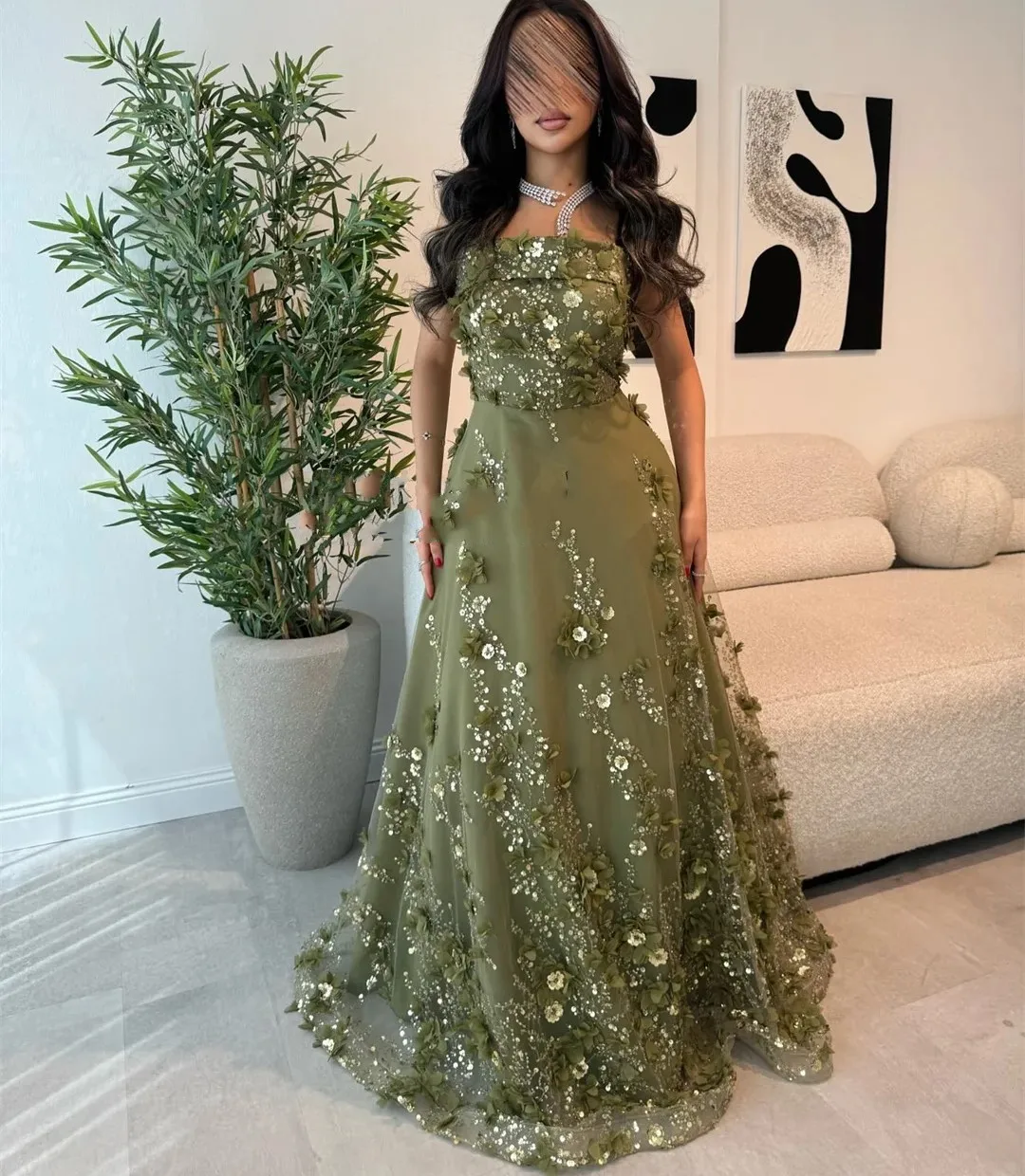 Luxuriöses grünes Abschlussball-Partykleid 2026, trägerlos, 3D-Blumen, Spitze, Stickerei, A-Linie, Abend, Geburtstag, formelle Kleider, Robe De Soriee