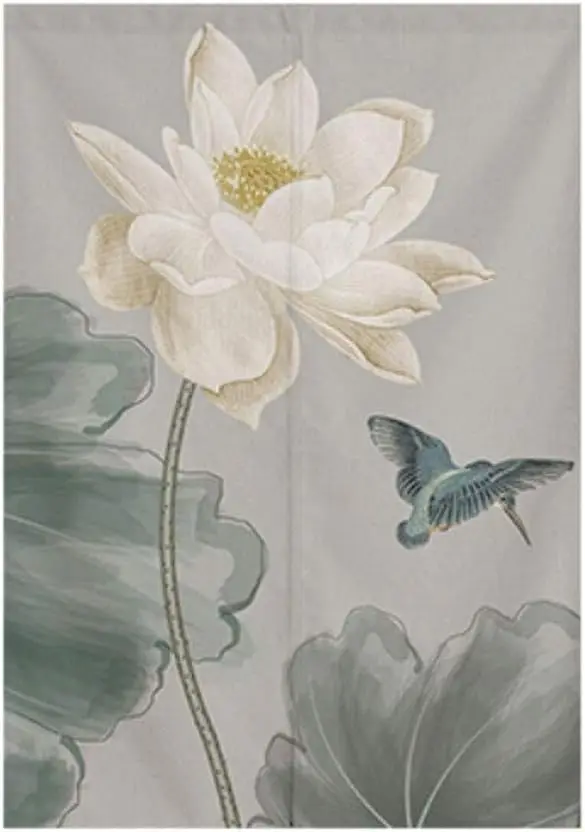 Chinese White Lotus & Hummingbird Door Curtain, Ink Wash Floral Print For Home Entrance, Serene Oriental Decor Room Divider