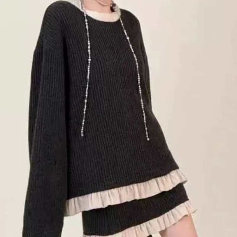 

Модный элегантный костюм, женский осенне-зимний дизайн, кружевной свитер, юбка-трапеция, костюм из двух предметов