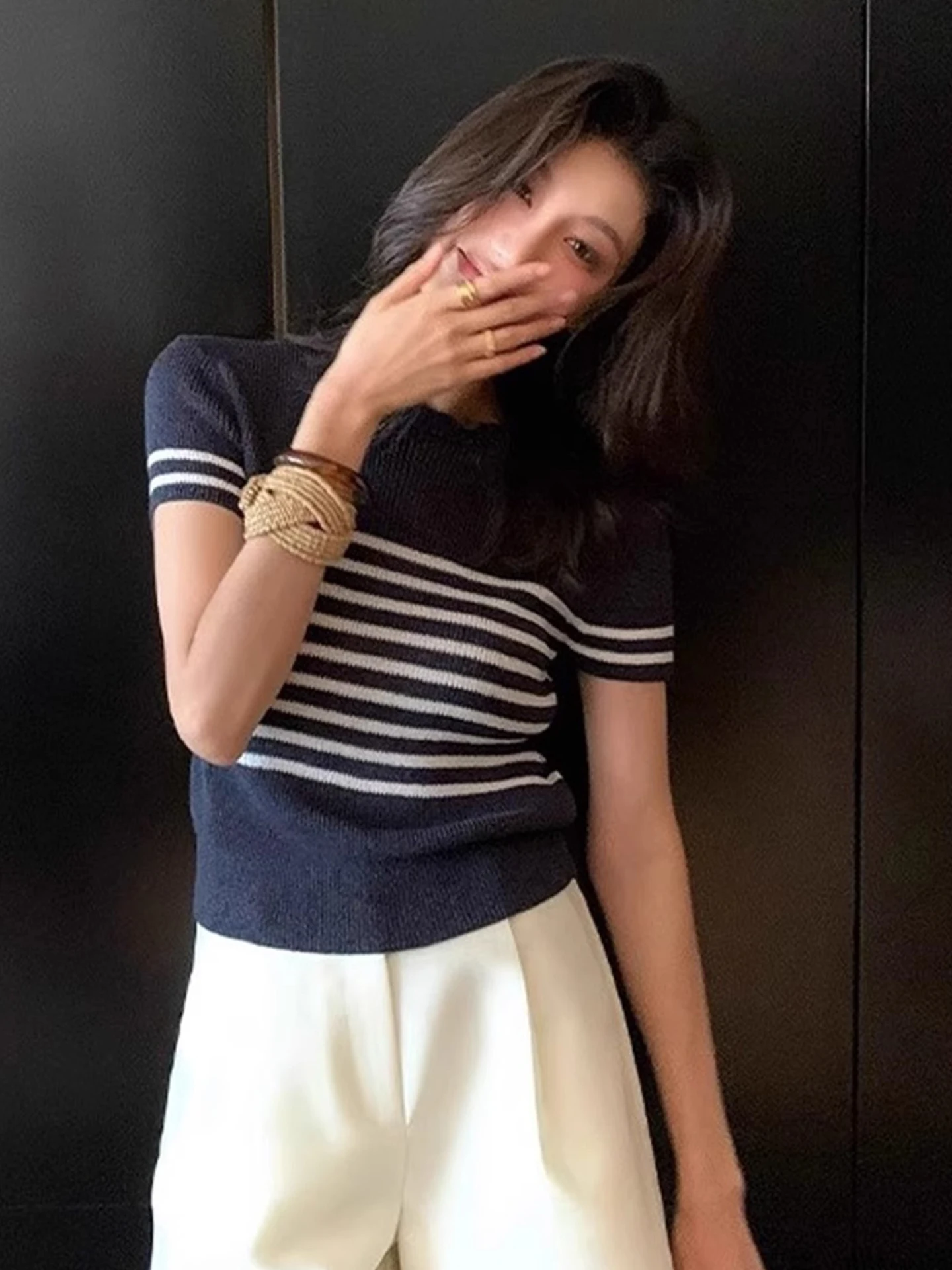 جولة Ne الكورية Sle مخطط متماسكة ort Sve رداء علوي غير رسمي اللون بلو الصيف تنوعا الجلد ودية المرأة Faion irt #4