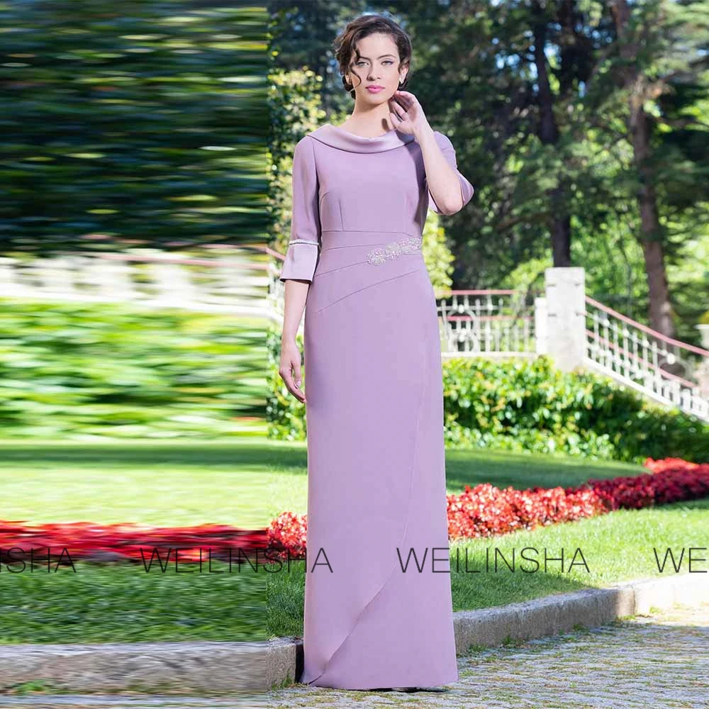 Customized Mother of the Bride Dresses 3/4 Sleeves Column Party Dress Long Scoop Beads Applique Wedding Guest Gowns for Women
