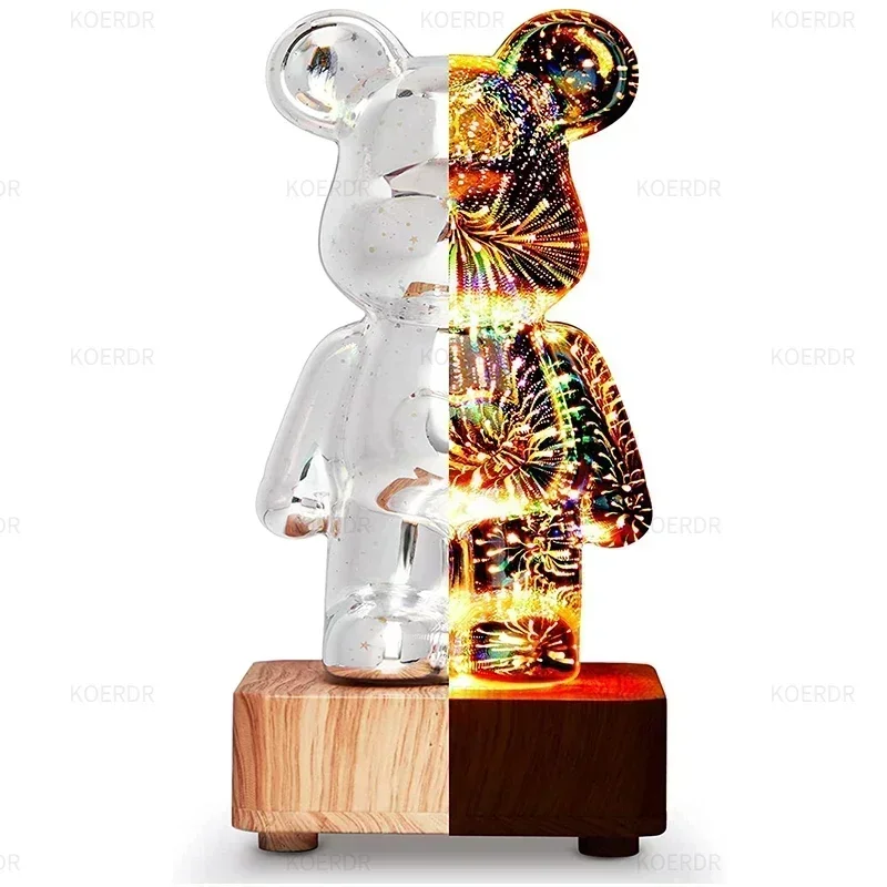 3D Fireworks Bear Night Light Projection Colorful USB Atmosphere Dimming Living Decorative Decor Room 3D Glass Fireworks Bedroom