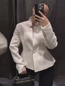 Solid Color Lace Patchwork Stand Collar Blazer Long Sleeve Single Breasted 2026 Spring Women Jacket Trendy Chic Lady Suit Coats