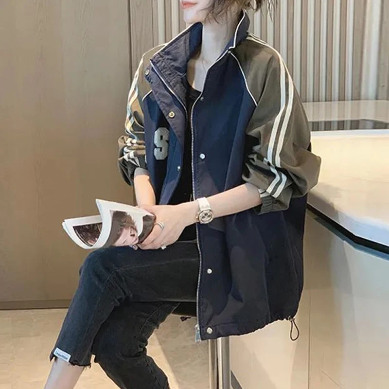 Spring Autumn New Women Trendy Contrast Color Patchwork Oversized Zipper Outdoor Jackets Y2K Casual Streetwear Long Sleeve Coats