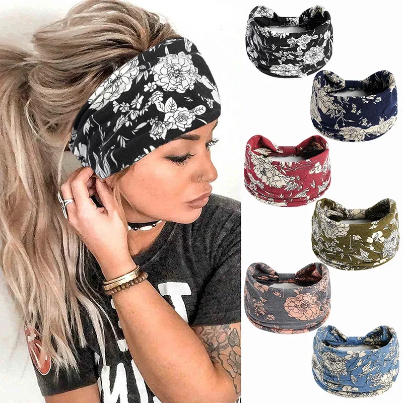 

New Boho Flower Print Wide Headbands Vintage Knot Elastic Turban Headwrap for Women Girls Cotton Yoga Bandana Hair Accessories