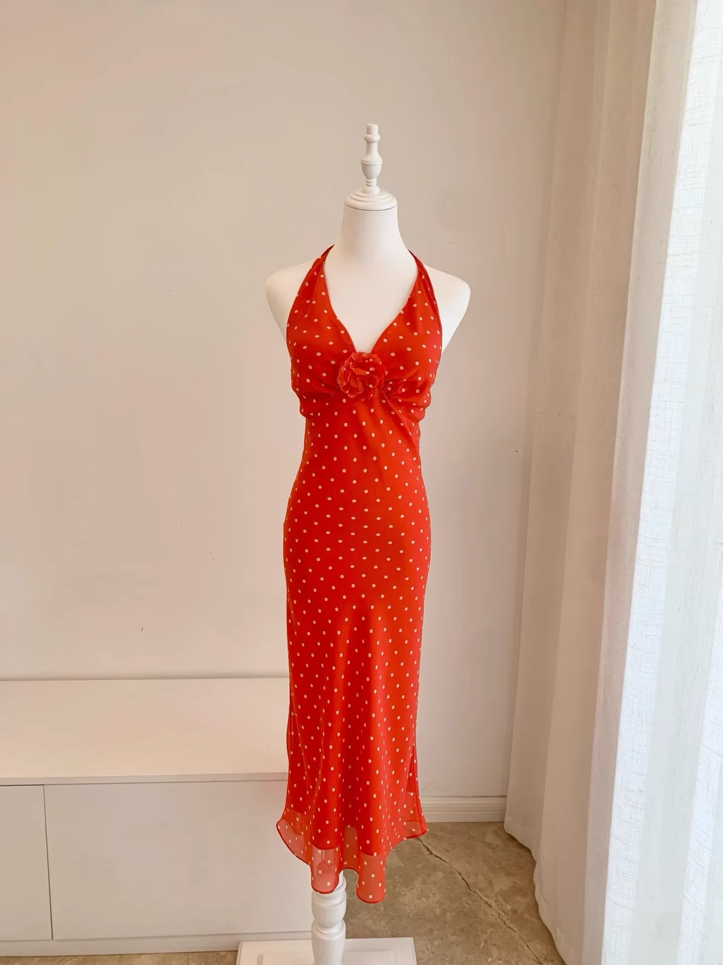 

Women Polka Dot Red Midi Dress Halter V-Neck Sleeveless High Waist Sexy 100% Silk Robe